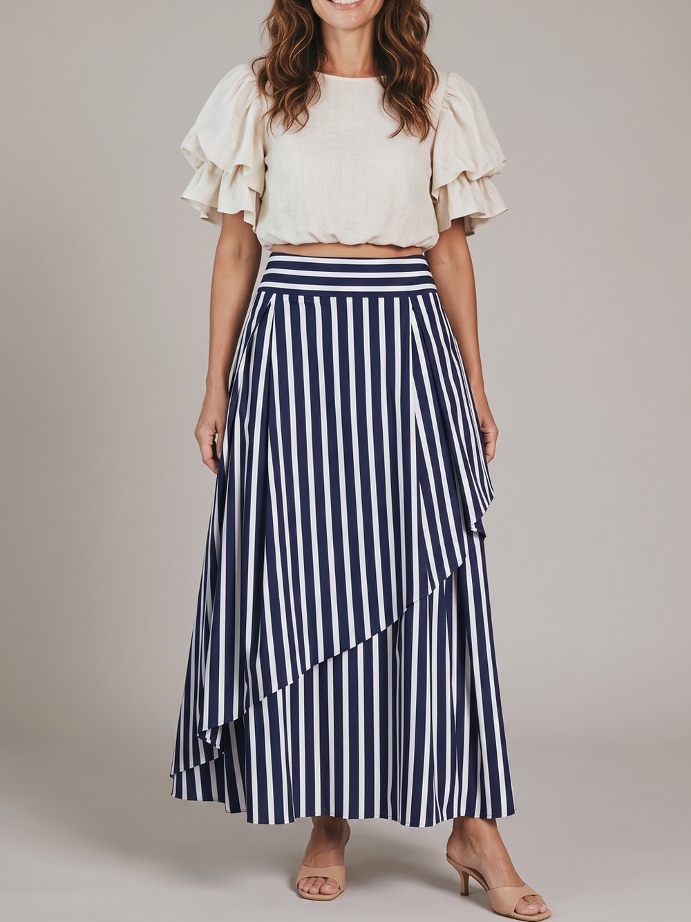 Halogen x Atlantic-Pacific Navy White Striped Asymmetrical Midi Skirt Size S